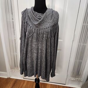 Chelsea & Theodore Charcoal Gray Wool Blend Cowl Neck with Fringe  Size 2X Plus